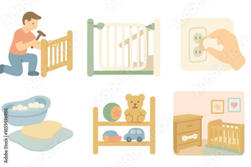 Babyproofing Essentials Icons. Flat vector mini-illustrations Preparing the home for baby in colors children's
