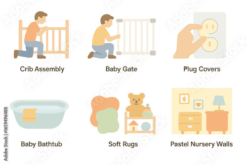 Babyproofing Essentials Icons. Flat vector mini-illustrations Preparing the home for baby in colors children's