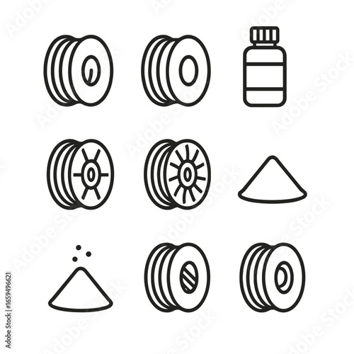 3D Printing Materials Icons. Outline icon set of 3D printing materials: PLA filament, ABS filament, resin bottle, nylon spool, TPU