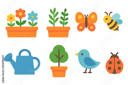 Balcony Biodiversity Icons. Flat vector mini-illustrations balcony biodiversity in colors children's