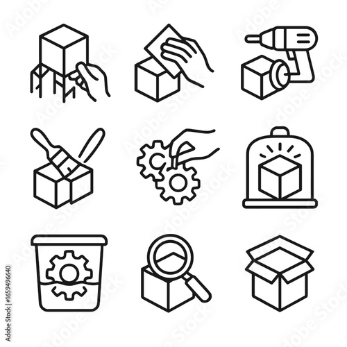 3D Print Icon Set. Outline icon set of 3D print post-processing: support removal, sanding, polishing, painting, assembly, curing,