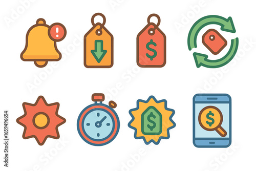 Price Alert Icons. Flat vector mini-illustrations price alerts and updates in colors children's illustrations: notification bell,