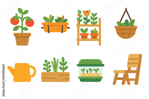 Balcony Garden Icons. Flat vector mini-illustrations balcony gardening in colors children's illustrations: