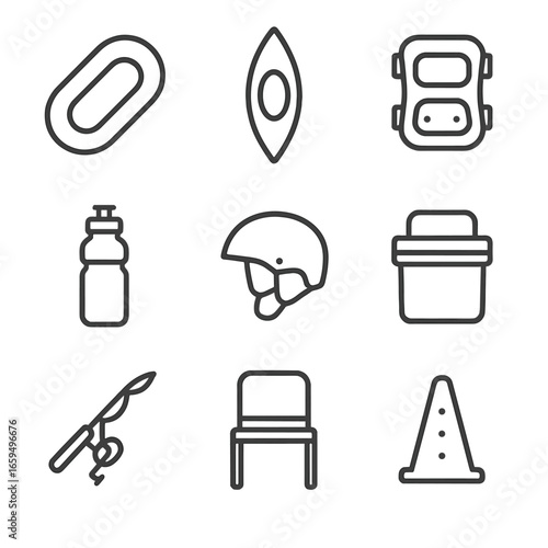 PVC Sports Icons. Outline icon set of PVC sports and leisure items: pool float, kayak hull, protective gear, water bottle, helmet