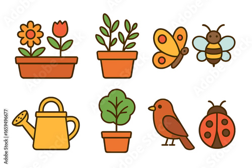 Balcony Biodiversity Icons. Flat vector mini-illustrations balcony biodiversity in colors children's