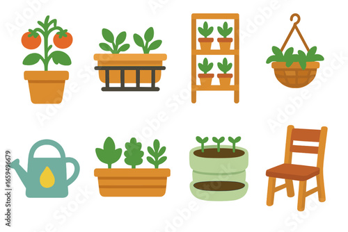 Balcony Garden Icons. Flat vector mini-illustrations balcony gardening in colors children's illustrations: