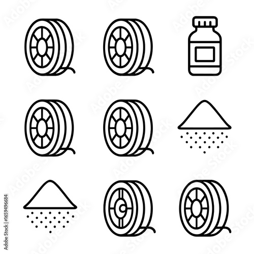3D Printing Materials Icons. Outline icon set of 3D printing materials: PLA filament, ABS filament, resin bottle, nylon spool, TPU