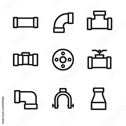 PVC Pipe Icons. Outline icon set of PVC pipes and fittings: straight pipe, elbow joint, T-joint, pipe connector, flange, valve,