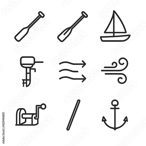 Raft Propulsion Icons. Outline icon set of raft propulsion: paddle, oar, sail, motor, current, wind, hand crank, pole, anchor.