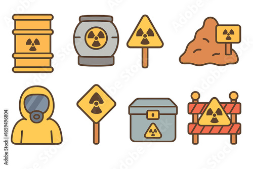 Radioactive Waste Illustrations. Flat vector mini-illustrations radioactive waste in colors children's illustrations: waste barrel