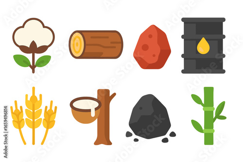 Colorful Resource Icons. Flat vector mini-illustrations raw material in colors children's illustrations: cotton plant, wooden log,