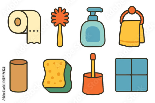 Bathroom Cleaning Icons. Flat vector mini-illustrations bathroom cleaning items in colors children's