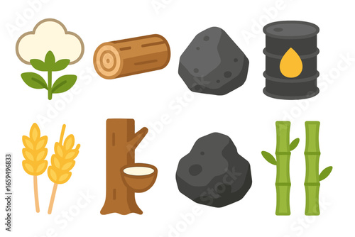Colorful Resource Icons. Flat vector mini-illustrations raw material in colors children's illustrations: cotton plant, wooden log,
