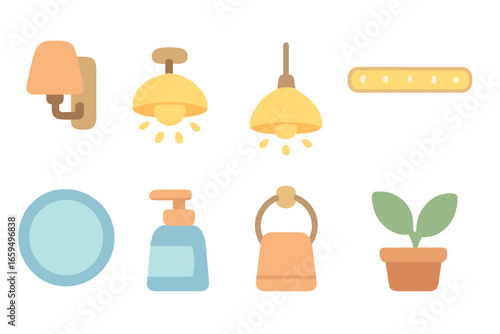 Bathroom Light Icons. Flat vector mini-illustrations minimal lighting in bathrooms in colors children's