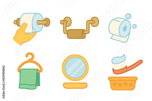 Bathroom Habits Icons. Flat vector mini-illustrations bathroom habits in colors children's illustrations: hand