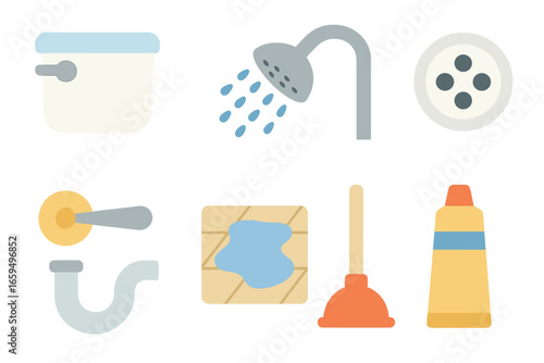 Bathroom Plumbing Icons. Flat vector mini-illustrations bathroom plumbing in colors children's illustrations: