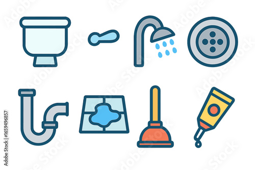 Bathroom Plumbing Icons. Flat vector mini-illustrations bathroom plumbing in colors children's illustrations: