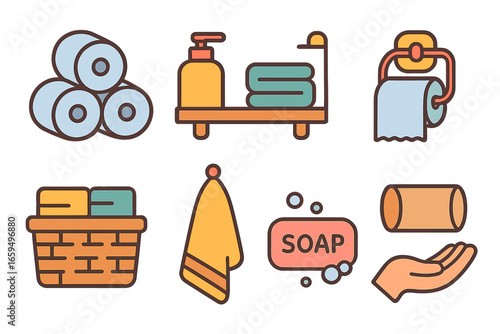 Bathroom Storage Icons. Flat vector mini-illustrations bathroom storage solutions in colors children's