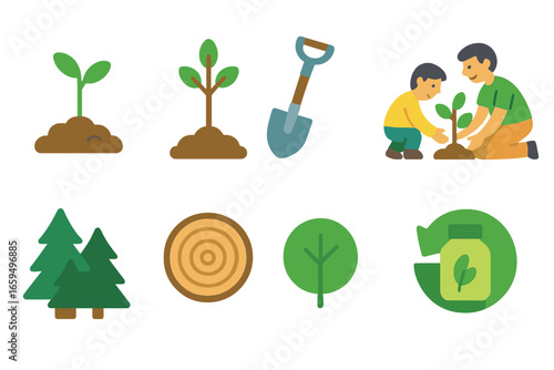 Eco-Friendly Kids' Icons. Flat vector mini-illustrations Tree planting and reforestation in colors children's illustrations: