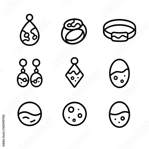 Resin Jewelry Icons. Outline icon set of resin jewelry elements: pendant, ring, bracelet, earrings, charm, cabochon, inlay, resin