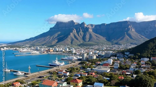 Stunning aerial view of Cape Town, South Africa, showcasing Table Mountain, vibrant cityscapes, coastal beauty, and clear blue skies for travel and tourism.