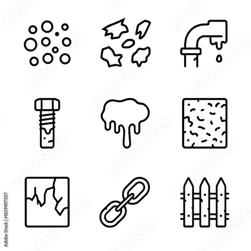 Rust Corrosion Icons. Outline icon set of rust corrosion: rust spots, metal flakes, rusted pipe, oxidized bolt, rust stain,