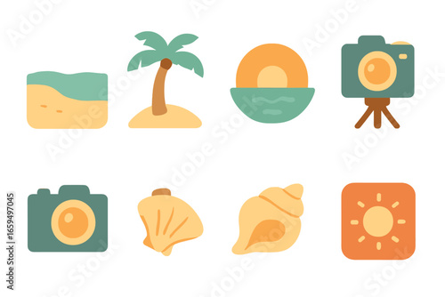 Beach Sunset Icons. Flat vector mini-illustrations Beach sunset photography in colors children's illustrations