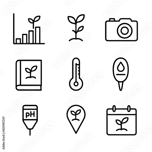 Sapling Growth Icon Set. Outline icon set of sapling growth monitoring: growth chart, ruler, camera, notebook, thermometer,