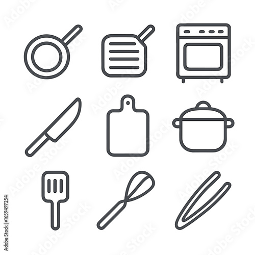 Savory Kitchen Tools Icons. Outline icon set of savory kitchen tools: frying pan, grill, oven, knife, cutting board, pot, spatula,