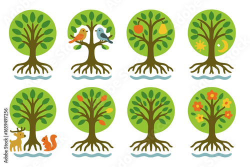 Colorful Tree of Life. Flat vector mini-illustrations tree of life in colors children's illustrations: stylized tree with roots,