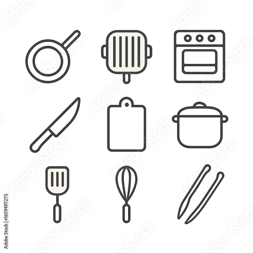 Savory Kitchen Tools Icons. Outline icon set of savory kitchen tools: frying pan, grill, oven, knife, cutting board, pot, spatula,