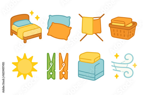 Bed Linen Care. Flat vector mini-illustrations bed linen care in colors children's illustrations: fresh sheets