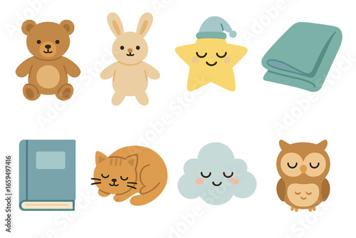 Bedtime Friends Icons. Flat vector mini-illustrations bedtime friends in colors children's illustrations:
