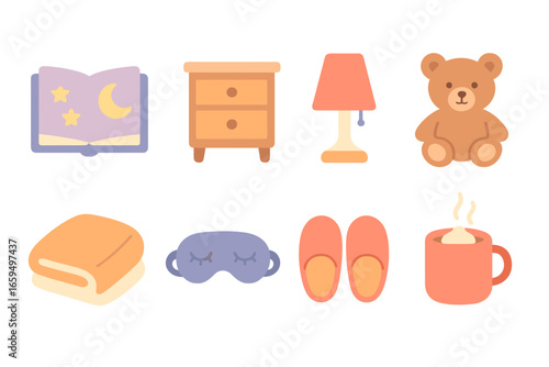 Bedtime Essentials. Flat vector mini-illustrations Bedtime reading in colors children's illustrations: bedtime