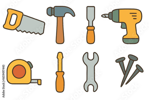 Colorful Woodworking Tools. Flat vector mini-illustrations woodworking tools in colors children's illustrations: saw, hammer,