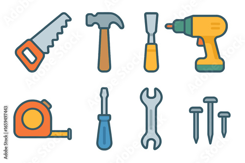 Colorful Woodworking Tools. Flat vector mini-illustrations woodworking tools in colors children's illustrations: saw, hammer,