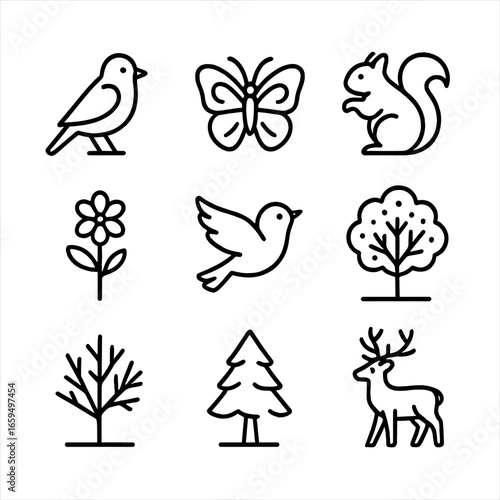 Seasonal Nature Icons. Outline icon set of seasonal flora and fauna: spring bird, summer butterfly, autumn squirrel, winter deer,
