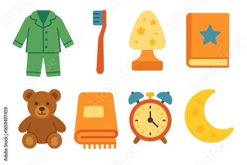 Bedtime Icons Grid. Flat vector mini-illustrations bedtime routine in colors children's illustrations: pajamas