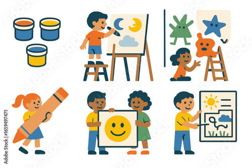 Big Imagination Icons. Flat vector mini-illustrations Art class for big imaginations in colors children's
