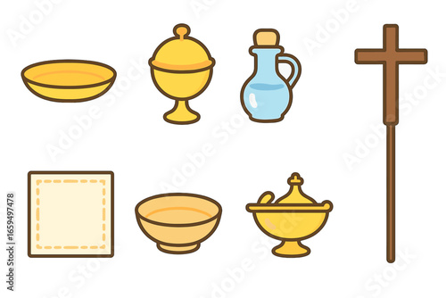 Communion Item Icons. Flat vector mini-illustrations communion items in colors children's illustrations: paten, ciborium lid,