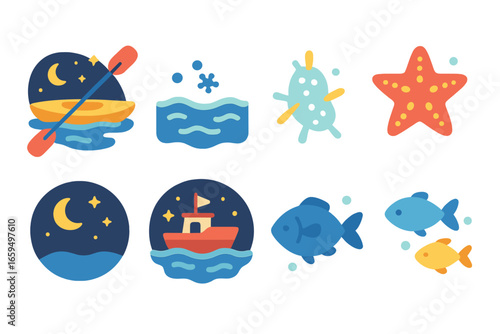 Bioluminescent Marine Wonders. Flat vector mini-illustrations bioluminescent marine tours in colors children's