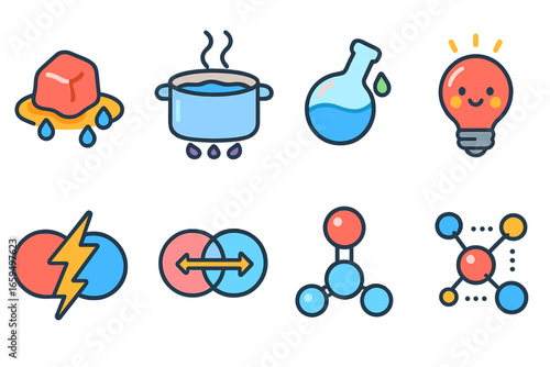 Covalent Bond Properties Icons. Flat vector mini-illustrations covalent bond properties in colors children's illustrations: