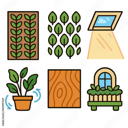 Biophilic Architecture Icons. Flat vector mini-illustrations Biophilic architecture in colors children's