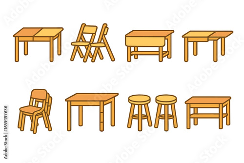 Expandable Furniture Illustrations. Flat vector mini-illustrations Expandable dining sets in colors children’s illustrations: