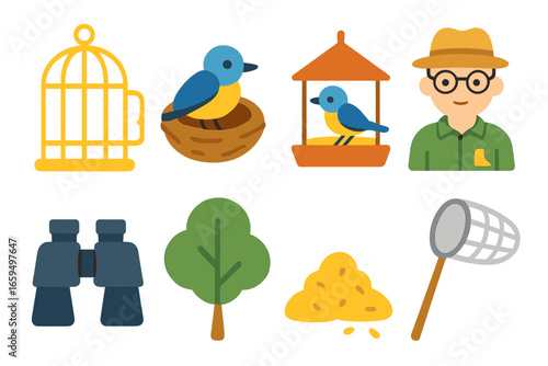 Bird Reintroduction Icons. Flat vector mini-illustrations bird reintroduction in colors children's