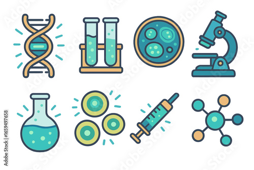 Bioluminescent Science Icons. Flat vector mini-illustrations medical uses of bioluminescence in colors