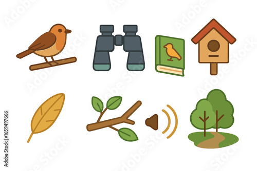 Birdwatching Adventure Icons. Flat vector mini-illustrations birdwatching in colors children's illustrations: