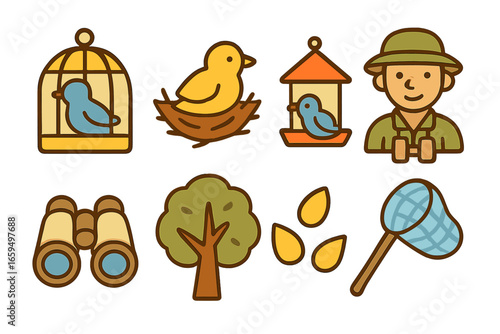 Bird Reintroduction Icons. Flat vector mini-illustrations bird reintroduction in colors children's