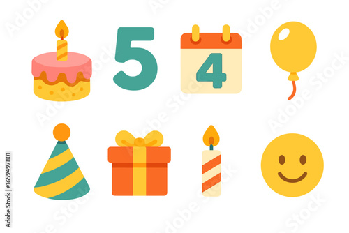 Birthday Countdown Icons. Flat vector mini-illustrations Birthday countdown calendar in colors children's