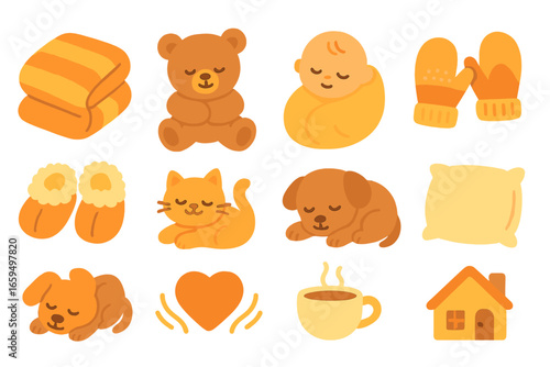 Cozy Home Icons. Flat vector mini-illustrations snuggle in colors children's illustrations: cozy blanket, hugging teddy bear,